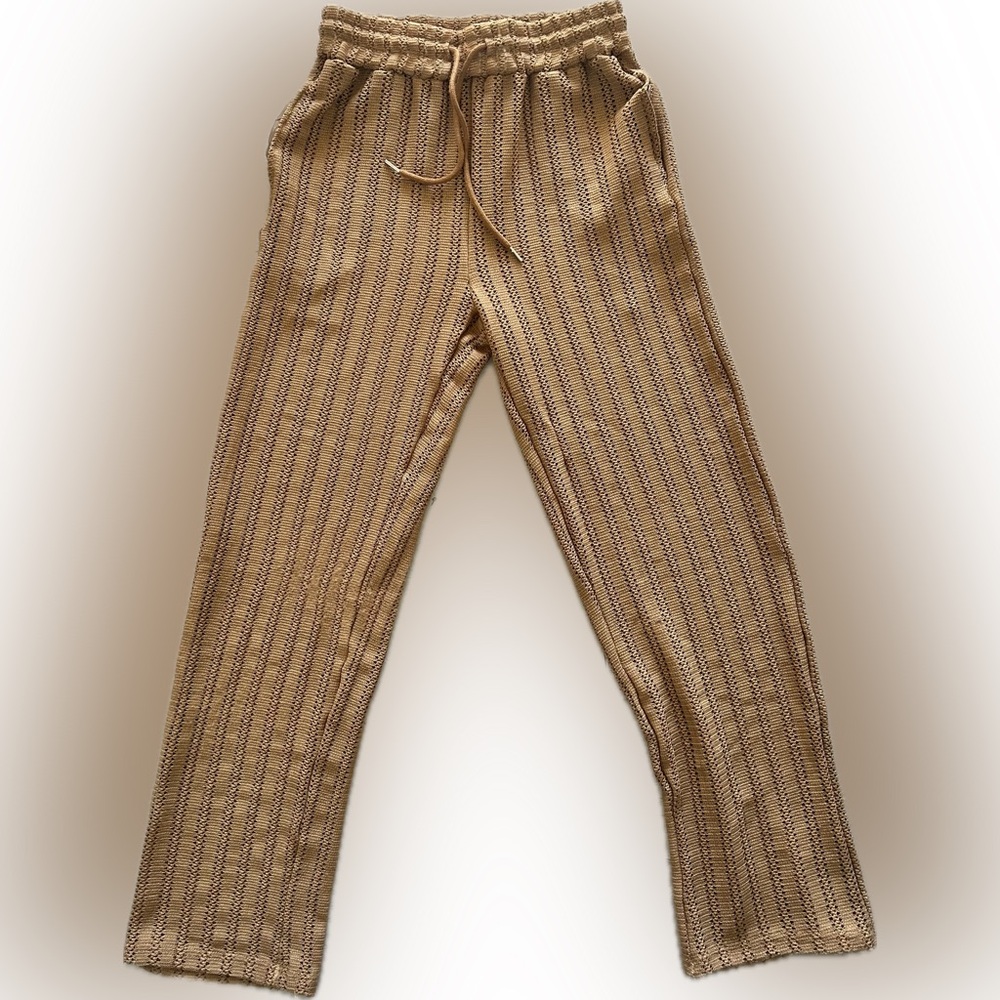 Tan Open Knit Drawstring Lounge Pants Size Small 29” Inseam Relaxed Leg